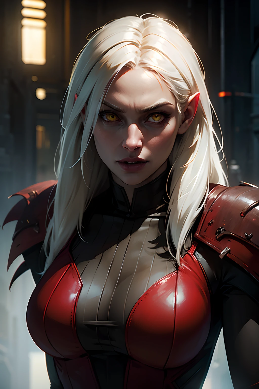 (masterpiece, absurdres, highres, ultra detailed), 1woman, wavy white hair, adult, black eyes, focus,handsome face, yennefer the witcher, charming, detailed eyes and face, angry expression,background (hell),centered ultra-detailed, sensual vampire lurking in the shadows, partial view from shadows, underground dark and mysterious atmosphere fog brick wall in the background ,old magazine cover comic book style blank space for text on left corner,,ominous neon casting shadows,ferocious expression of the vampire,sharp fangs and glowing red eyes, details,vampire wearing tattered clothes, sharp claws protruding from its hands,strong and muscular build of the creature, weathered texture and vintage look of the magazine cover,authentic illustrations capturing the essence of Halloween,stunning contrast between light and darkness,vibrant colors to bring out the eerie feel,ominous color tone adding to the suspenseful atmosphere,horrifying and captivating artwork reminiscent of classic horror films,
