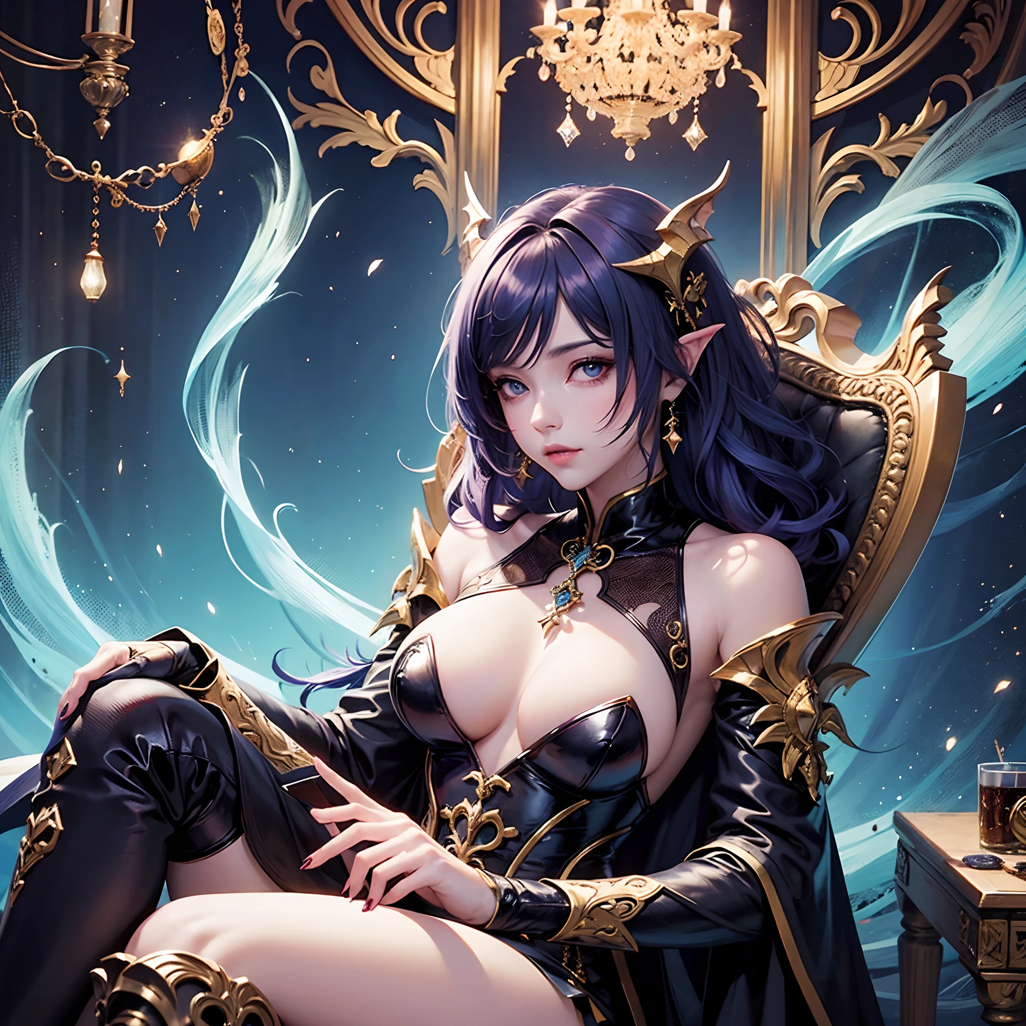 A closeup of a woman sitting on a throne with a demon on her shoulder, Succubus bonito, succubus | medieval, Beautiful elegant demon queen, Rainha do Submundo, arte de estilo fantasia escura, succubus, Lilith, Epic fantasy art style, estilo de arte de fantasia,  anime demon, Rainha do Inferno, anime fantasy illustration, arte de fantasia de anime, cabelo roxo, vestido branco e preto