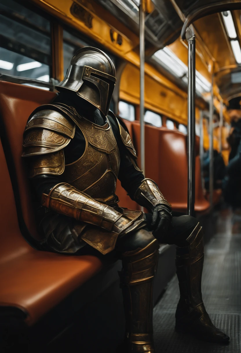 Faceless man,dressed in armor,Sitting on the bus,alone in thought,The surroundings were as silent as death,8K