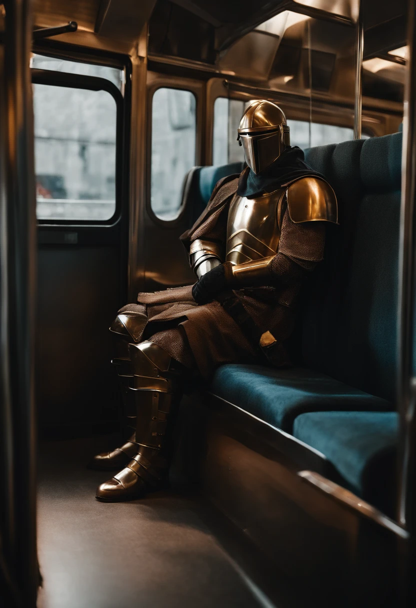 Faceless man，dressed in armor，Sitting on the bus，alone in thought，The surroundings were as silent as death，8K