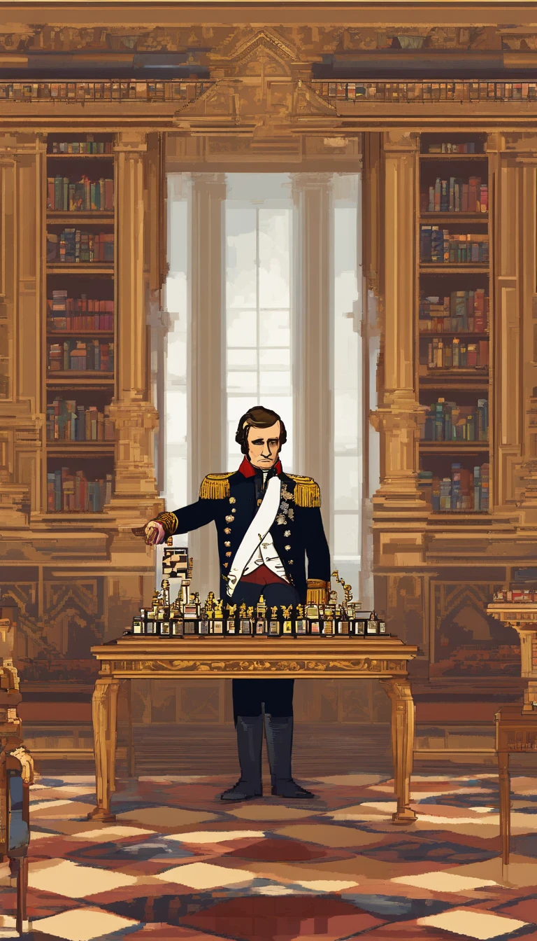 "Generate an ultra-realistic 4K image that encapsulates Napoleon Bonaparte's remarkable qualities. Depict Napoleon in a grand, library-like setting, surrounded by books, with a chessboard on a nearby table. He should be standing confidently, holding a love letter addressed to Josephine in one hand and a chess piece in the other. His expression should radiate charisma and intelligence. The room should be softly lit, highlighting the rich textures of the books, the intricacies of the chessboard, and the elegance of the era. This image should visually convey Napoleon's multifaceted talents: his stature, romantic prowess, love for literature, and strategic brilliance in chess."