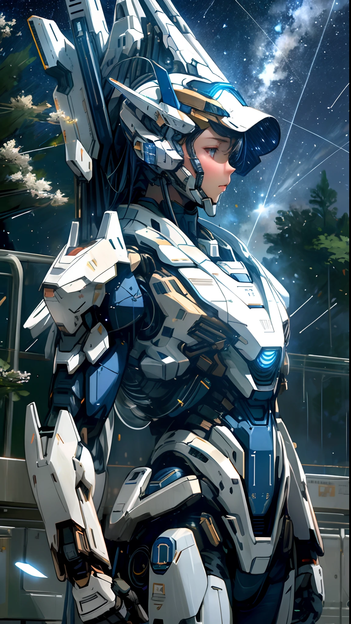 Full of realistic details, 8K quality, delicate colors, white tones, mecha helmet with aperture, weapon (1.3), sideways gaze in the blue starry sky, raining, with shooting stars dotted sky.