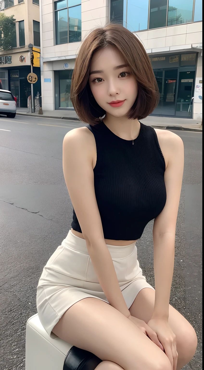 ((best qualtiy,8K,tmasterpiece:1.3)),Perfect beauty:1.4,glute:1.2,(Layered Hair Style:1.2)),(the street:1.3),Highly Detailed Face and Skin Textur,full bodyesbian,Elaborate Eyes,二重まぶた,Whitens the skin,Short wave hair,Cute Korean beauty(with a round face:1.5),(Black top,short skirt:1.6)ssmile