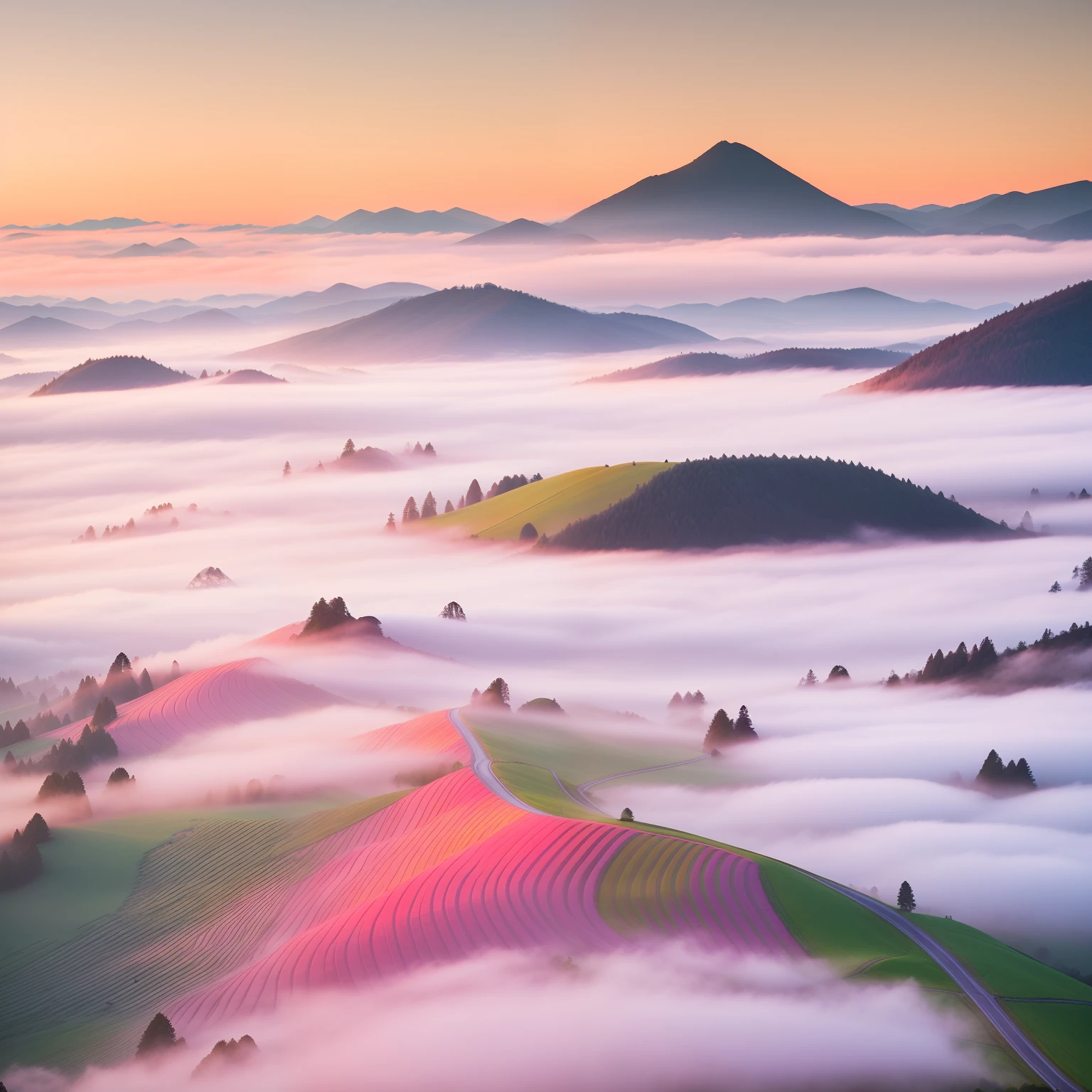 foggy hills and valleys in the morning with a pink sky, (mist), dreamy landscape, misty morning, mist, misty mountains, an amazing landscape image, morning mist, foggy photo 8 k, amazing landscape, by Raymond Han, mists, valley mist, misty mood, in the morning mist, soft mist, morning fog, beautiful dreamy landscape, mist in valley, foggy landscape