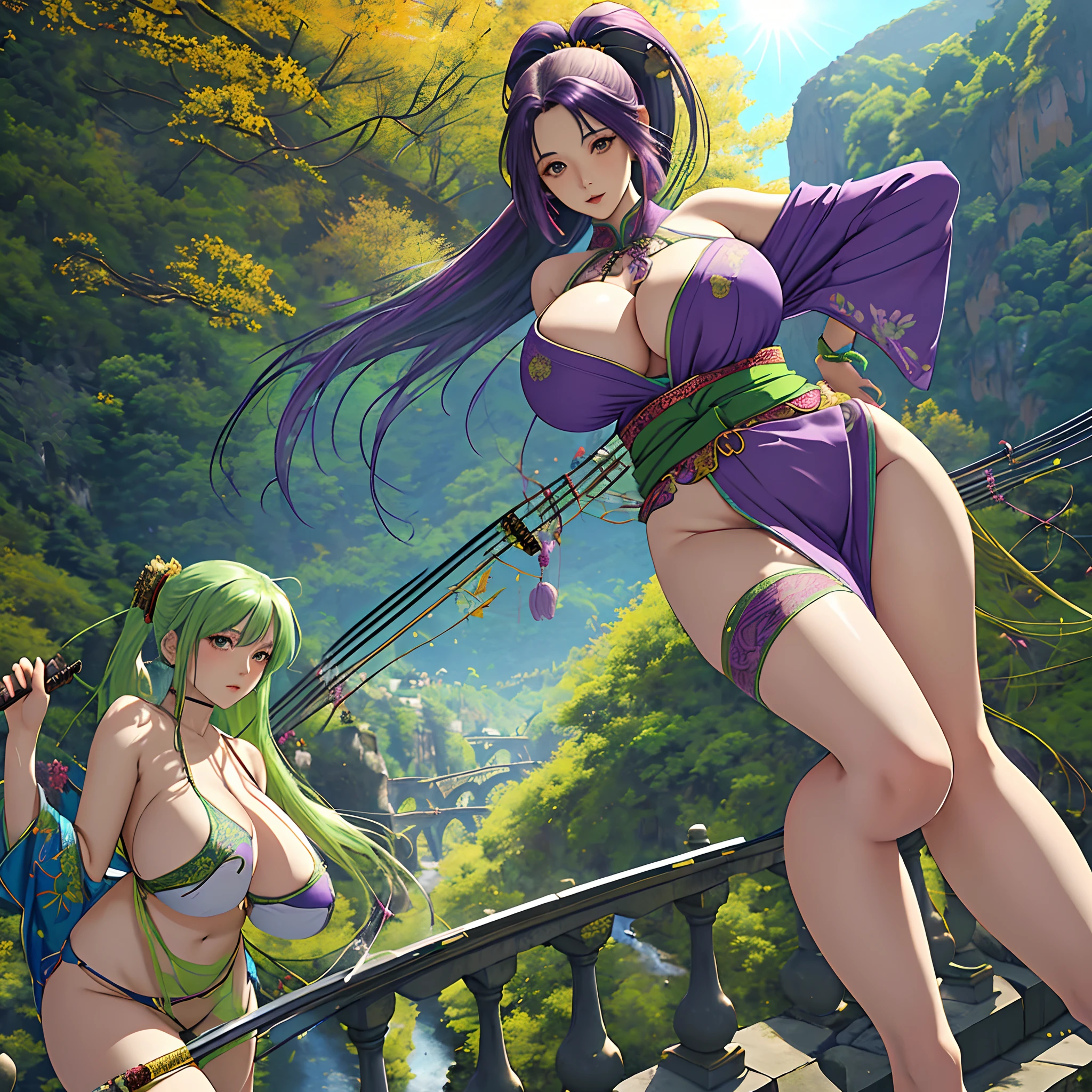 Sweet woman, 21 years old, straight hair, long green hair with purple highlights, ponytail, green eyes, magenta mixed with cyan dress with oriental ornaments, clothes fitted to the body, must have huge breasts, wide hips, wide thighs, standing on an old stone bridge, ((katana hanging from waist), mountains, sunny day, clear autumn sky, bright light, leaves blowing, soft colors, masterpiece, intricate and elaborate details,