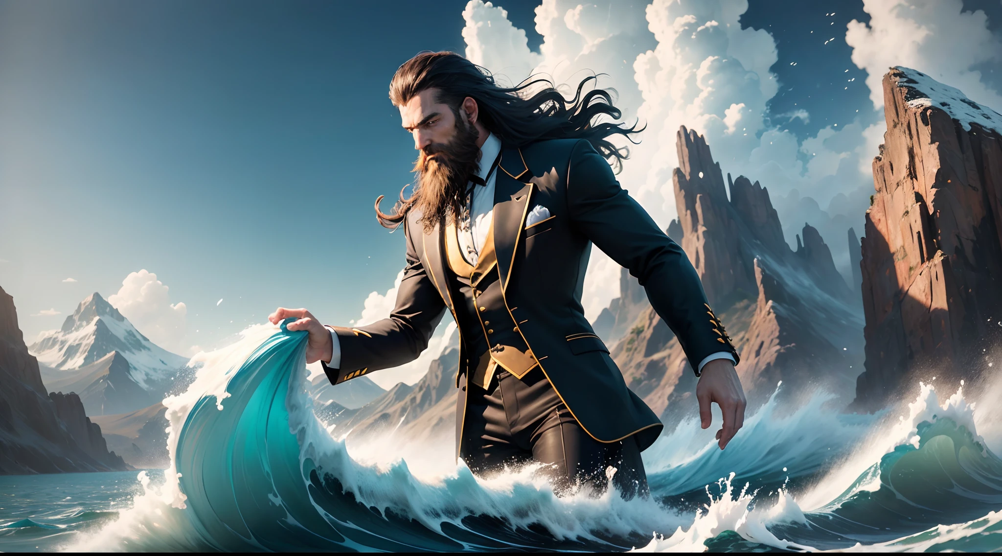 A beard man with dredlock hair, floating in the sky, wearing suit,he possesses hydrokinesis, displaying the ability to move water in the form of flying, creating massive waves and splashes,in the ocean, five fingers with details, masterpiece, award winning, (16k resolution) , high quality, mountains in distance, clouds, rainbow