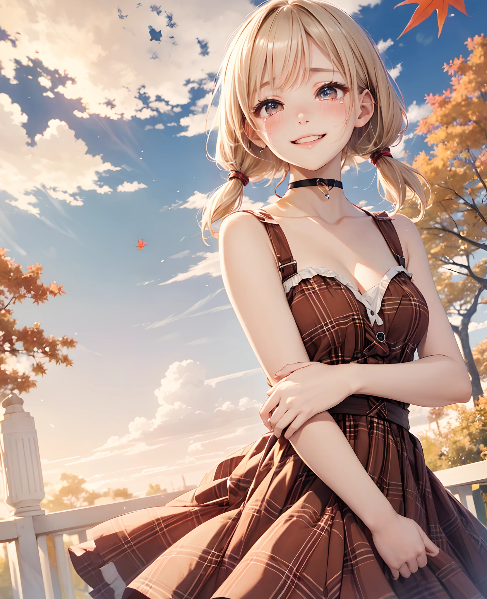 absurderes, ultra-detailliert,bright colour, extremely beautiful detailed anime face and eyes,Short hair, , asymmetrical bangs, Blonde hair with short twin tails, Shiny hair, Delicate beautiful face, red blush、White skin, hair clips, (Brown plaid dress:1.3)、(Close both eyes:1.2)、Slender body、(Autumn sky:1.2)、(sun light)、a choker、(crying smile:1.3)、Opening Mouth