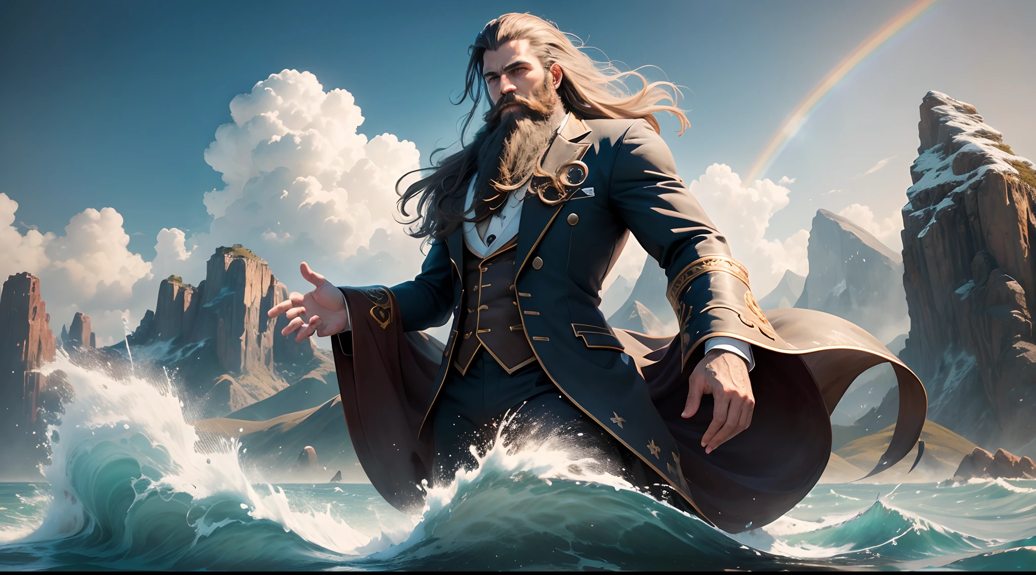 A beard man with dredlock hair, floating in the sky, wearing suit,he possesses hydrokinesis, displaying the ability to move water in the form of flying, creating massive waves and splashes,in the ocean, five fingers with details, masterpiece, award winning, (16k resolution) , high quality, mountains in distance, clouds, rainbow