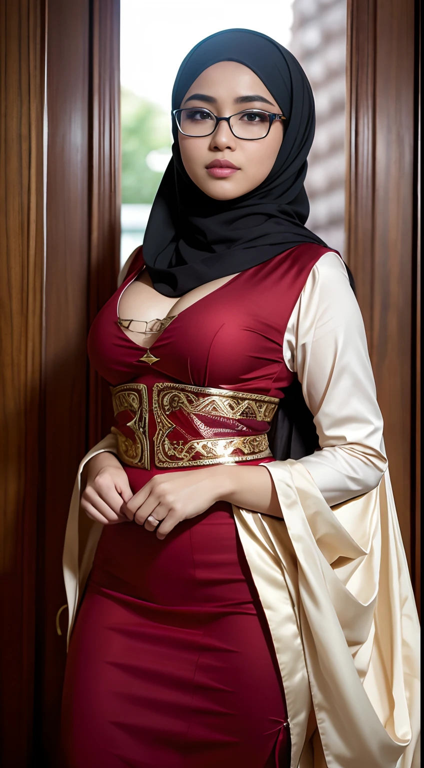 cowboy_shot,(iu:0.8),cleavage, RAW, Best quality, high resolution, Masterpiece: 1.3, Beautiful glasses pearl_skinned sexy hijabi javanese wearing cosplay, Masterpiece, Soft smile