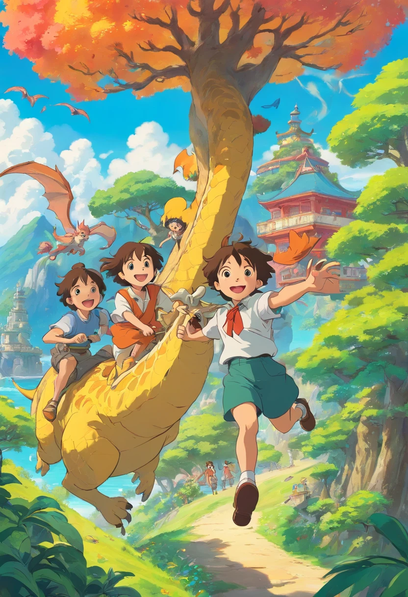 closeup of a group of friends having fun, colourful fantasy island garden, otherworldly trees, colourful skies, playful mood, joyful activities, busy setting, vibrant scene, joy, fun, otherworldly charm, cute animals around, 1 fantasy dragon flying around