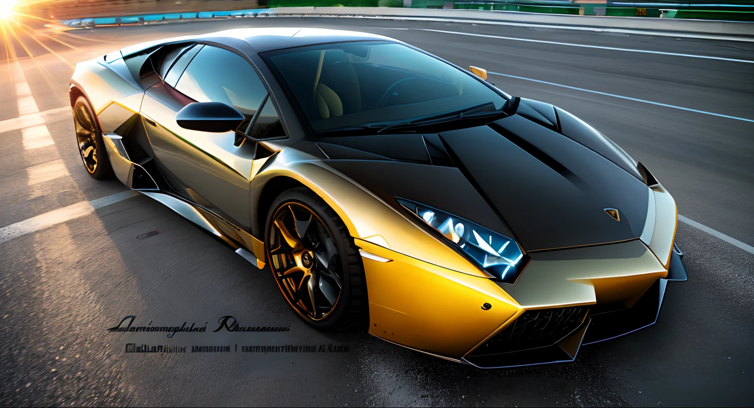 Lamborghini, driving in miami street, [carhelper:photohelper], Retrofutur, motion blur, CinemaHelper, Chrome reflections, sun flare, Extremely detailed, Intricate details