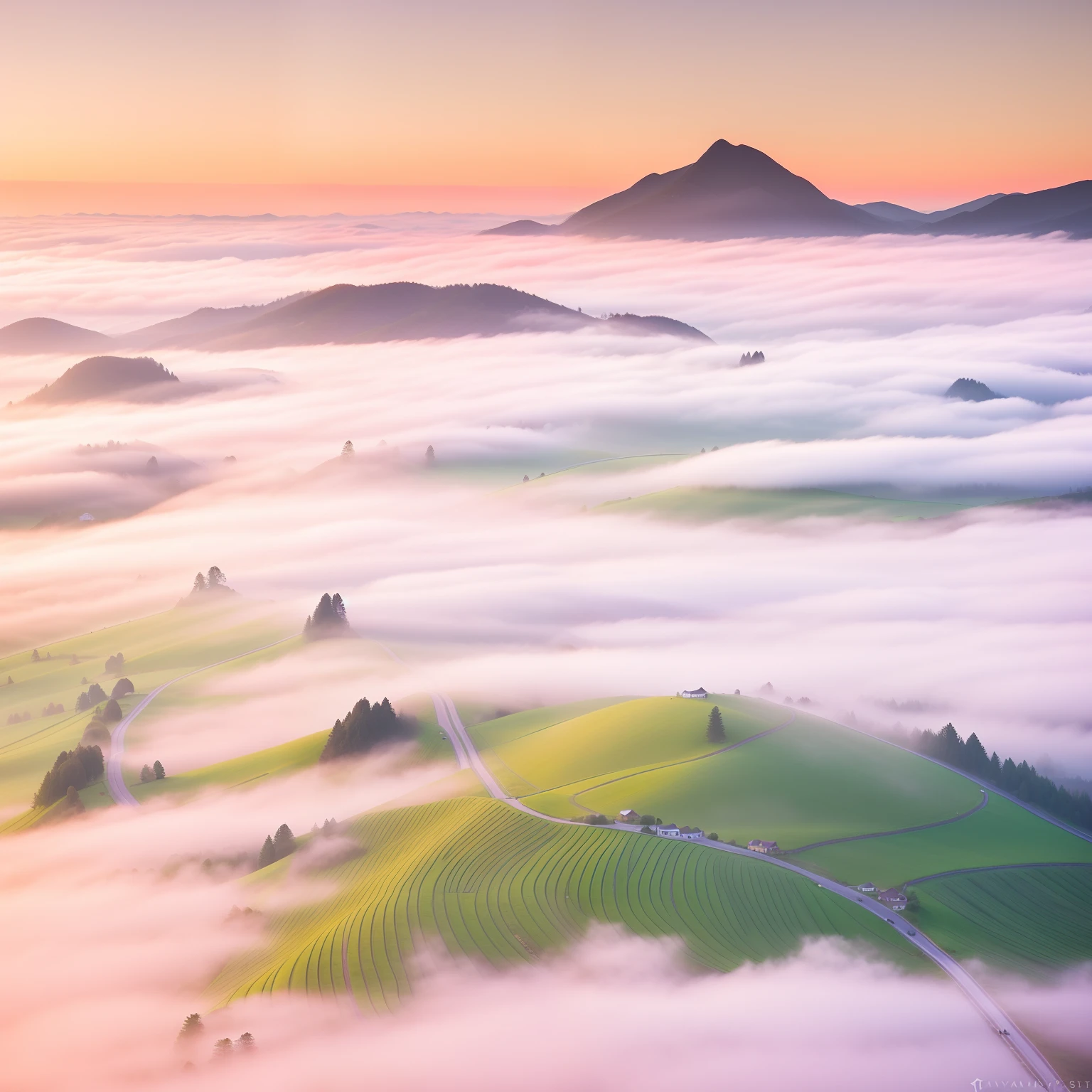 foggy hills and valleys in the morning with a pink sky, (mist), dreamy landscape, misty morning, mist, misty mountains, an amazing landscape image, morning mist, foggy photo 8 k, amazing landscape, by Raymond Han, mists, valley mist, misty mood, in the morning mist, soft mist, morning fog, beautiful dreamy landscape, mist in valley, foggy landscape