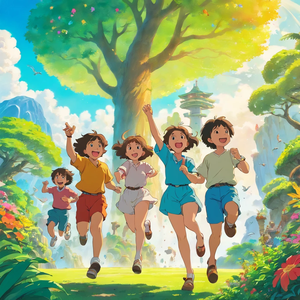 closeup of a group of friends having fun, colourful fantasy island garden, otherworldly trees, colourful skies, playful mood, joyful activities, busy setting, vibrant scene, joy, fun, otherworldly charm, cute animals around
