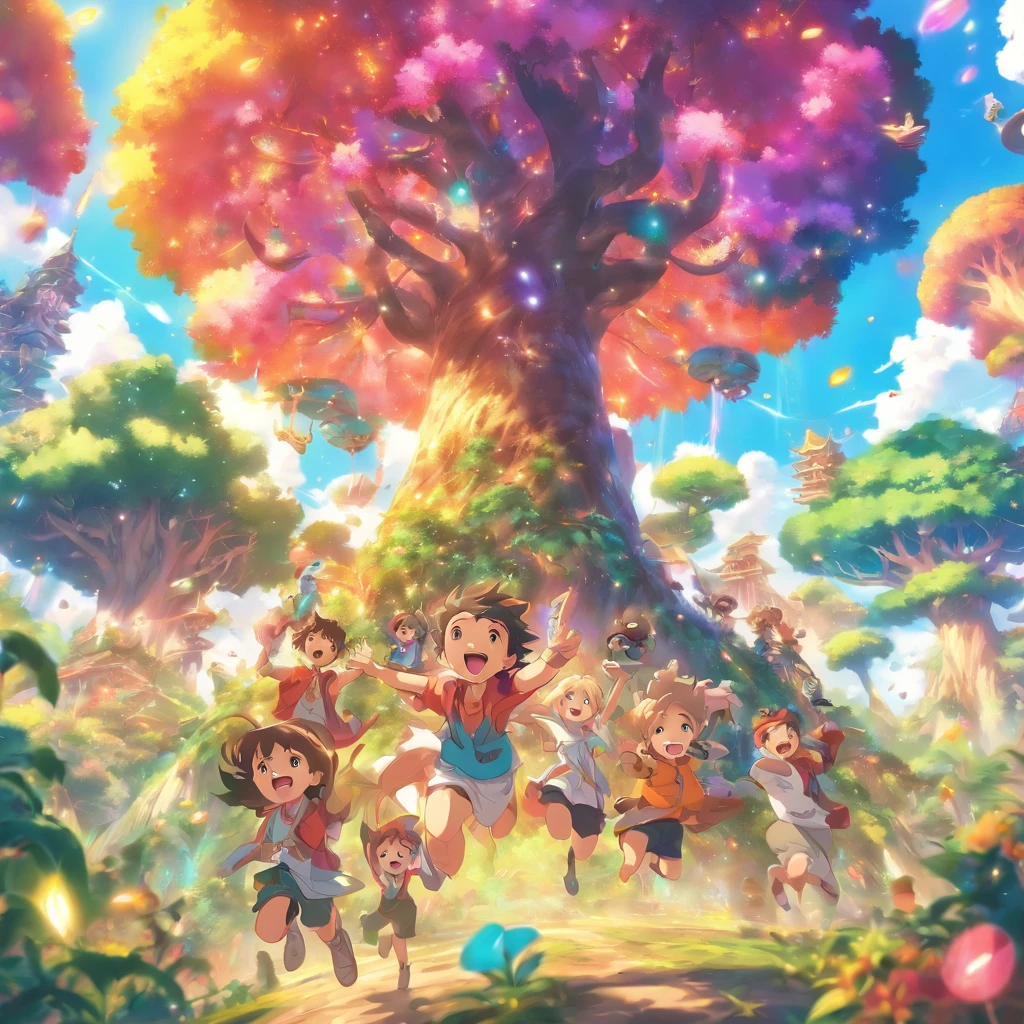 closeup of a group of friends having fun, colourful fantasy island garden, otherworldly trees, colourful skies, playful mood, joyful activities, busy setting, vibrant scene, joy, fun, otherworldly charm, cute animals around