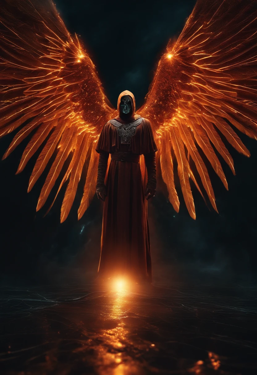 Cosmic Fallen Angel, glowing light eyes, Biomechanical, eerie, Creepy, nightmarish, Very bright colors, Light particles, with light glowing, Mshiff, wallpaper art, UHD wallpaper, anakil skywalker, 15 years, medieval clothes