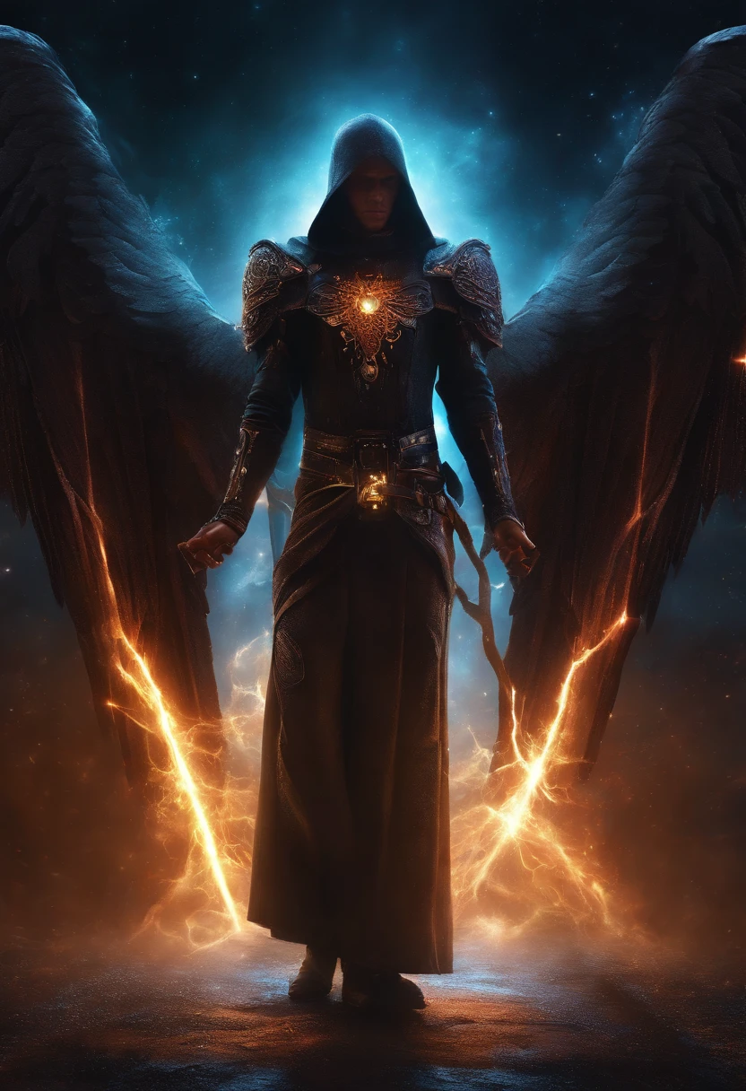 Cosmic Fallen Angel, glowing light eyes, Biomechanical, eerie, Creepy, nightmarish, Very bright colors, Light particles, with light glowing, Mshiff, wallpaper art, UHD wallpaper, anakil skywalker, years, medieval clothes