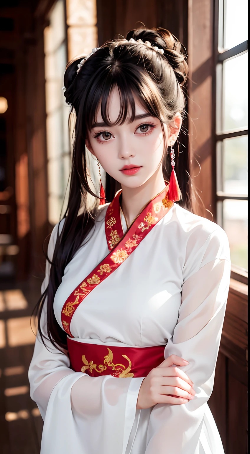 (8K, RAW photo, Photorealistic:1.25) ,( Gloss on lips, eyeslashes, gloss face, Glossy glossy skin, Best quality, 超高分辨率, Depth of field, color difference, Caustics, Broad lighting, naturalshadow, Kpop idol) Watch the audience tranquil goddess-like bliss，high school classroom，a sailor suit，Miniskirt high detail,8K resolution,超高分辨率,A young girl, A cute girl，short detailed hair，hair-bun，lipsticks，Tassel earrings，Black clear eyes，Smooth hair,鎖骨,Exquisite and perfect facial features, the most beautiful big eyes,Long eyelashes,The eyes are sweet and there are lying silkworms，dynamic angle,Extreme picture quality,Highest precision,Precise and perfect human anatomy，(((Antique red and white edges improve Hanfu，Red embroidery)))，((Stand up))，Warm scene，超高分辨率，Ultra-clear vintage black flowing hair，Delicate bun）By bangs，（Long flowing hair，With a bun:1.3）），Delicate collarbones，beautiful make up，Exquisite and perfect facial features，，Big watery eyes，Lying silkworm，Long eyelashes，The eyes are sweet and have eye shadow，Slim waist，Do not show your hands，，lipsticks，Blushlush，Delicate earring earrings，pearls necklace