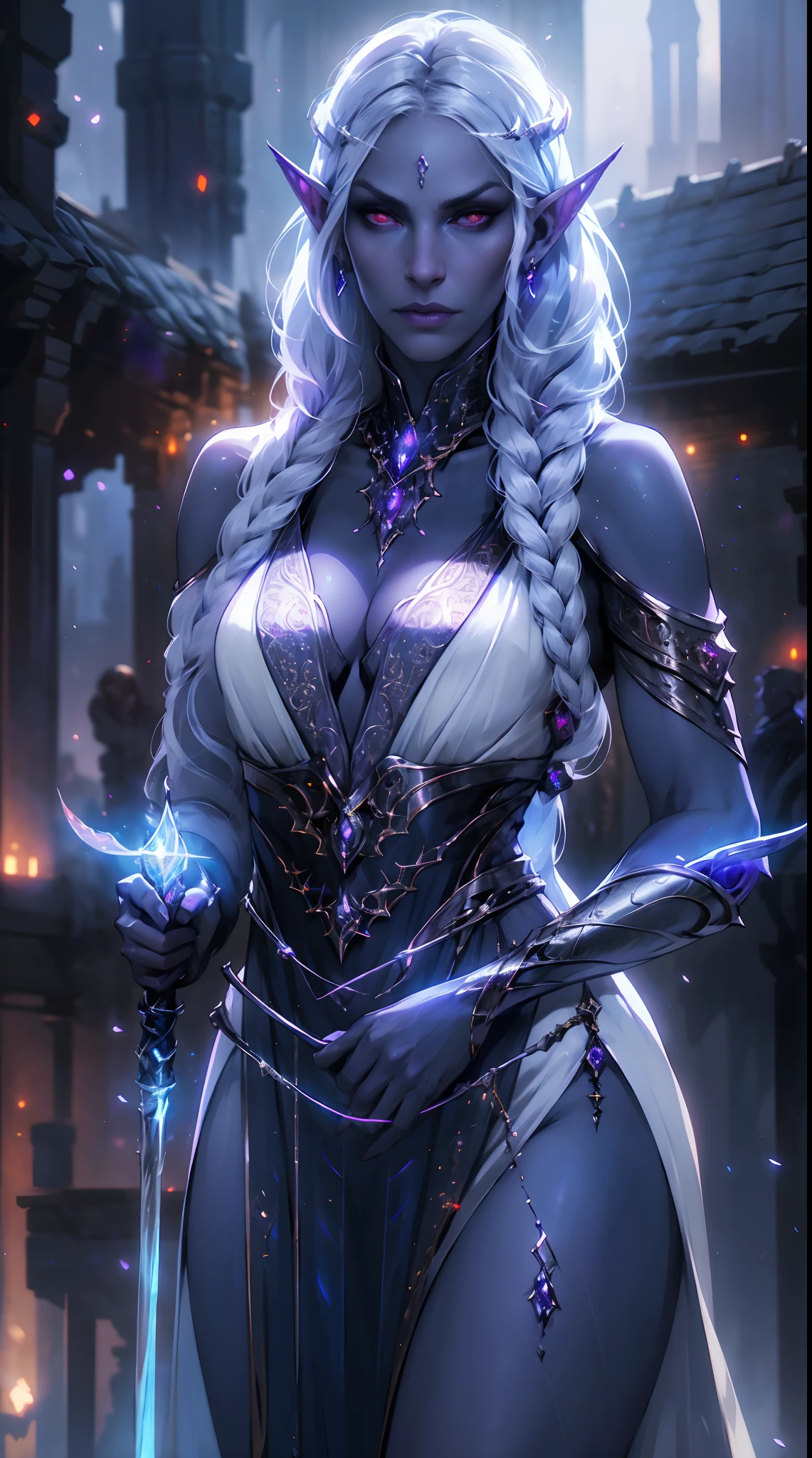1girl, sexy drow, purple-blue skin, pale silver long elaborate braids, ((red eyes)), jewels, elf ears, earrings, ((white sorceress sexy dress)), ((wields staff)), ((cast light magic)), on a roof of scyscraper, athletic, volumetric lighting, best quality, masterpiece, realistic, anatomically correct, (strong cinematic lighting), stunning details, intricate details, 8k post-production, High resolution, super details, trending on ArtStation, sharp focus, depth of field f/1.8, studio photos, (((looking at camera)))