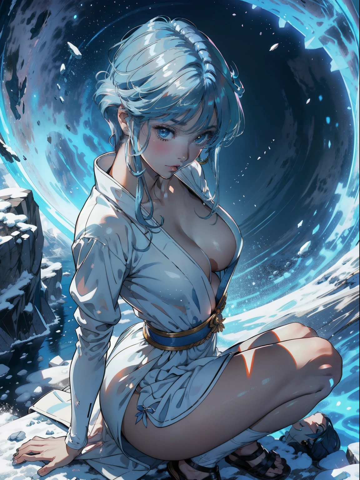 1mujer,30 yrs old, Yukime la mujer de la nieve,((Photo taken from above her boobs)) ((cabello azul, ojos azules, pelo corto)) senos perfectos, cuerpo completo, acostada, Pornographic exhibition, solamente,(( recostada sobre la nieve, ropa mojada)) (Antecedentes con:Japanese River,) Ella tiene el pelo corto,Cabeza BOBO,sudar profusamente,empapado por todo el cuerpo,visto desde arriba, cabello lacio, cielo mayormente nevando,tirada en la nieve(((tmasterpiece),(((vestido abierto blanco, con lazo rosa))) (fondo de pantalla muy detallado de CG Unity 8k),mejor calidad,Cinmatic Lighting,river in the background, Background detallado,hermosos ojos detallados,pupilas brillantes,(muy fino y hermoso),(Beautiful and detailed eye description),Ultra - detallado,tmasterpiece,)),staring at the camera,A high resolution,Ultra - detallado),,Revelando los senos,Solo genitales, protuberancia,legs are open,Sexy Creado,dedos de camello,tez enrojecida,Boquiabierto,Fachada,Diadema floral blanca,Oro Saint Seiya,estudiante(Vistiendo:Delantal transparente blanco ,Bordado de alambre de oro,fullnude,sin calzoncillos,)