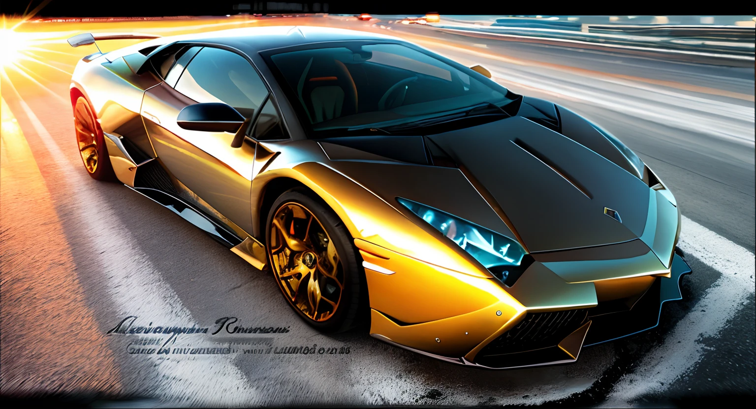 Lamborghini, driving in miami street, [carhelper:photohelper], Retrofutur, motion blur, CinemaHelper, Chrome reflections, sun flare, Extremely detailed, Intricate details