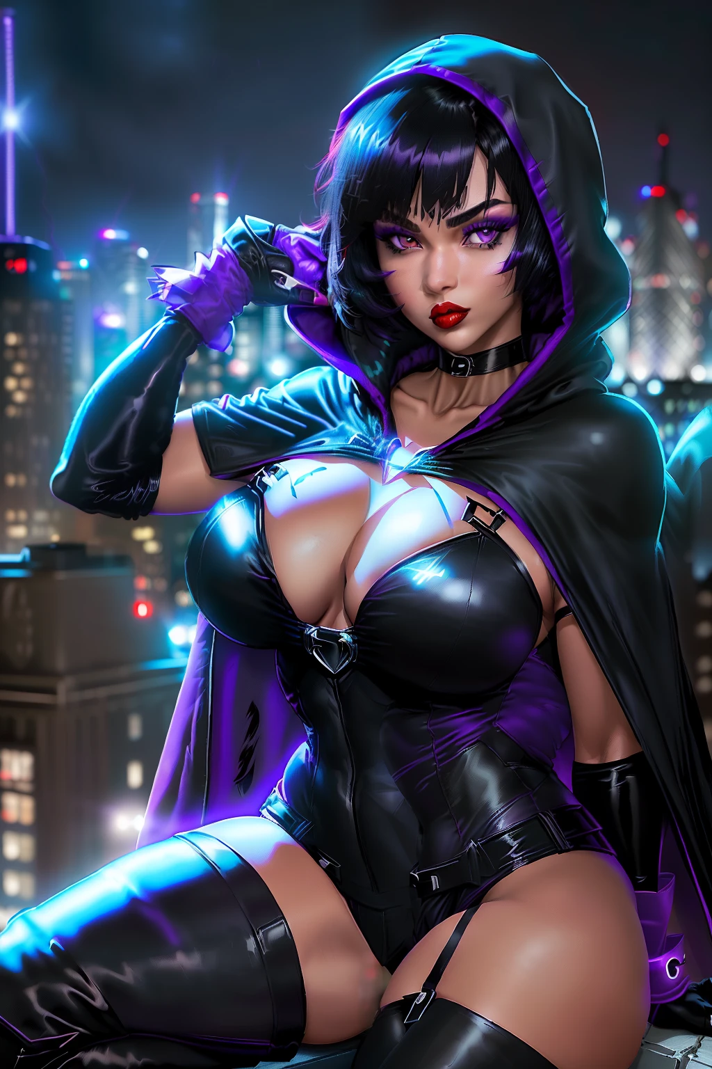 ((Raven from D.C. comic series)) ((beautiful face))((pale skin)) (red lips) ((big bright eyes)) ((short black straight hairstyle)) ((very huge breasts)) (perfect slim body) ((wears purple bodySuit, cape and hood)) ((choker, gloves, long stocking)) ((posing sexy on skycrapper rooftop at night)) (high definition, dynamic lights and shadows) ((masterpiece)) (8k) (perfect face) (best quality) (perfect hands and eyes)