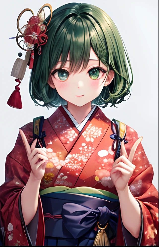 girl with、short-cut、Dark green hair、Green hair、No background、without background、Background through、Japanese clothing with frills、Kimono、taisho roman、A Japanese style、frilld、Short kimono、kawaii
