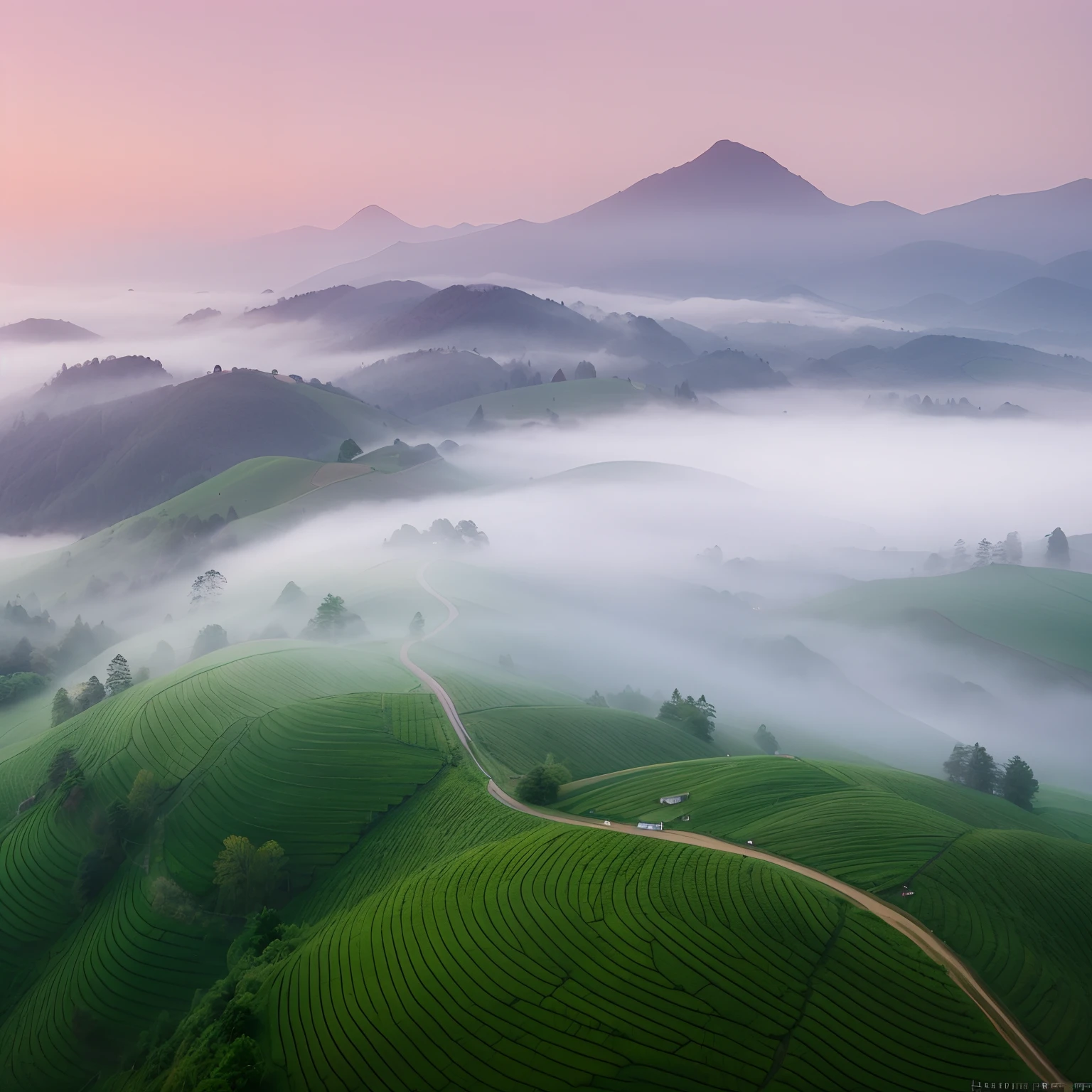 foggy hills and valleys in the morning with a pink sky, (mist), dreamy landscape, misty morning, mist, misty mountains, an amazing landscape image, morning mist, foggy photo 8 k, amazing landscape, by Raymond Han, mists, valley mist, misty mood, in the morning mist, soft mist, morning fog, beautiful dreamy landscape, mist in valley, foggy landscape