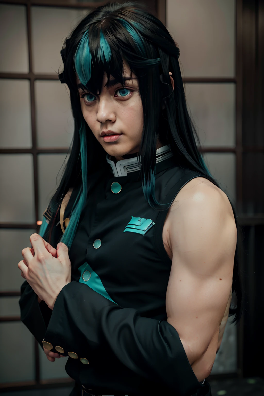 masterpiece, best quality, high quality, 1boy, solo, male focus, looking at viewer, upper body, tokitou_muichirou, long hair, bangs, black hair, aqua eyes, demon slayer uniform, two-tone hair,
