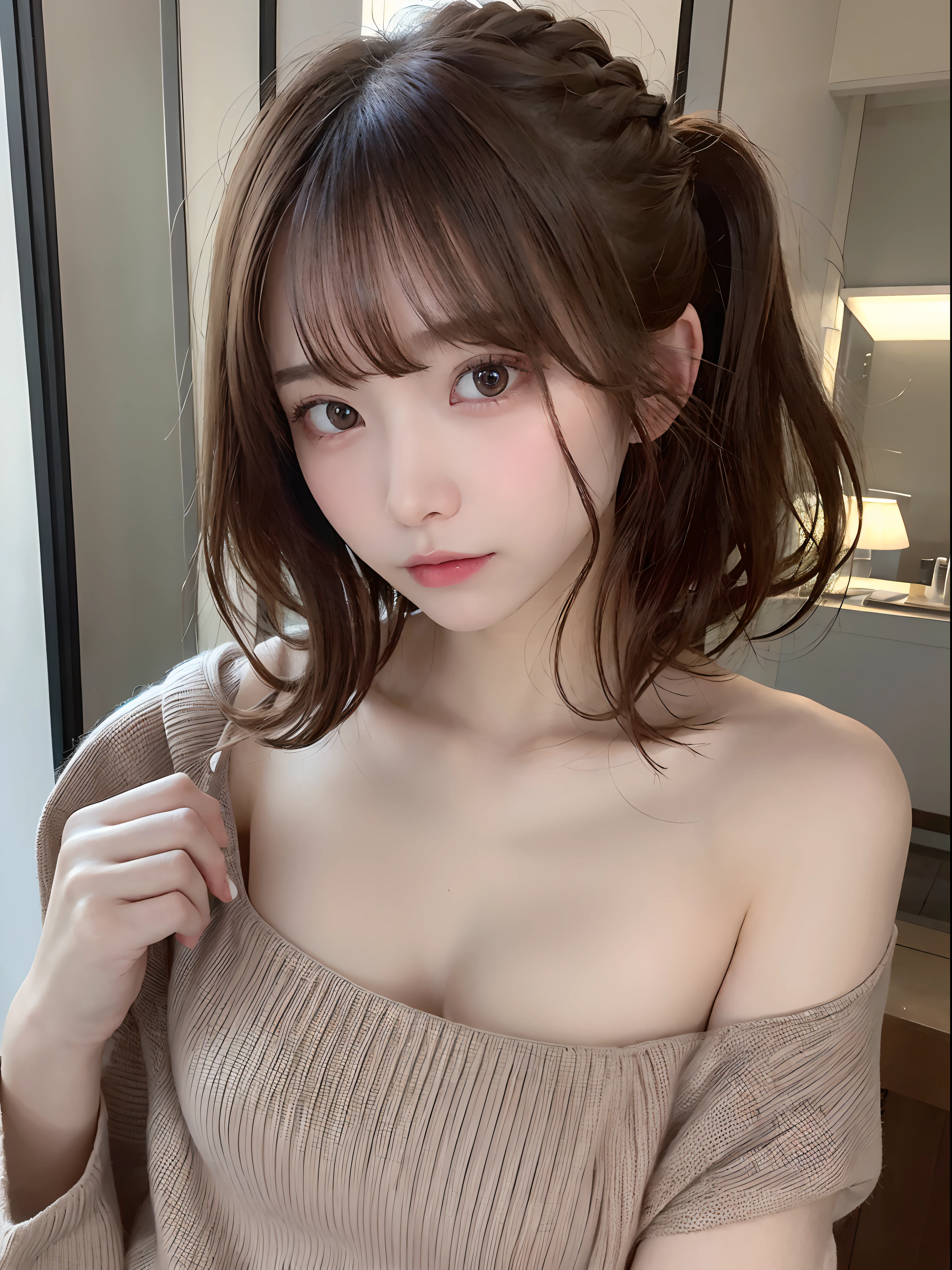 adorable, Japanese 18 years old , (close_up face, small breasts , :1.3), off_shoulder sweater, curly medium hair, Scrunchie,twin tails, ( smile:1), (very fine skin:1), (highest quality:1.0), (ultra high resolution:1.0) ,(photo-realistic:1), (super detailed:1.0), (8K RAW写真:1.1),looking at the viewer,