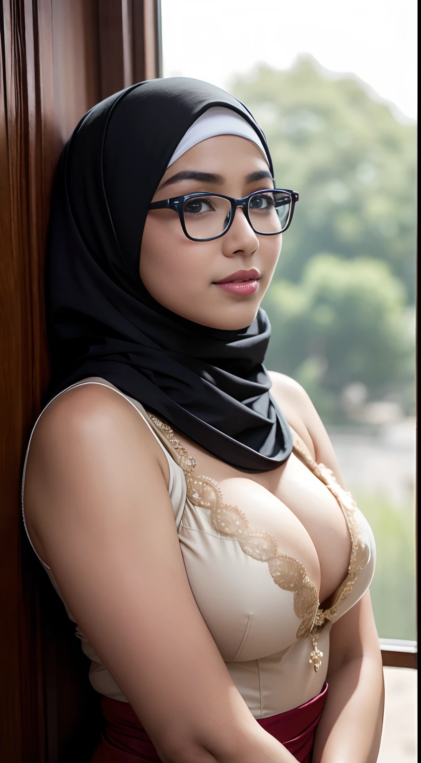 cowboy_shot,(iu:0.8),cleavage, RAW, Best quality, high resolution, Masterpiece: 1.3, Beautiful glasses pearl_skinned sexy hijabi javanese wearing cosplay, Masterpiece, Soft smile