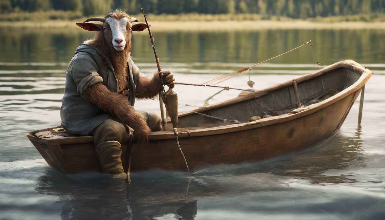 A humanoid goat, Fishing while sitting on a boat, having fun, Realistic style, promotional art, very stylized character design，The atmosphere of desolate rivers and lakes is grand