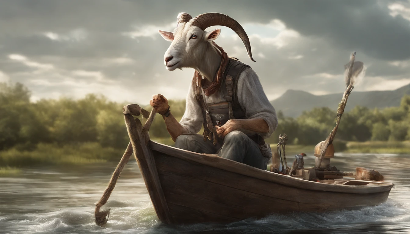 A humanoid goat, Fishing while sitting on a boat, having fun, Realistic style, promotional art, very stylized character design，The atmosphere of desolate rivers and lakes is grand