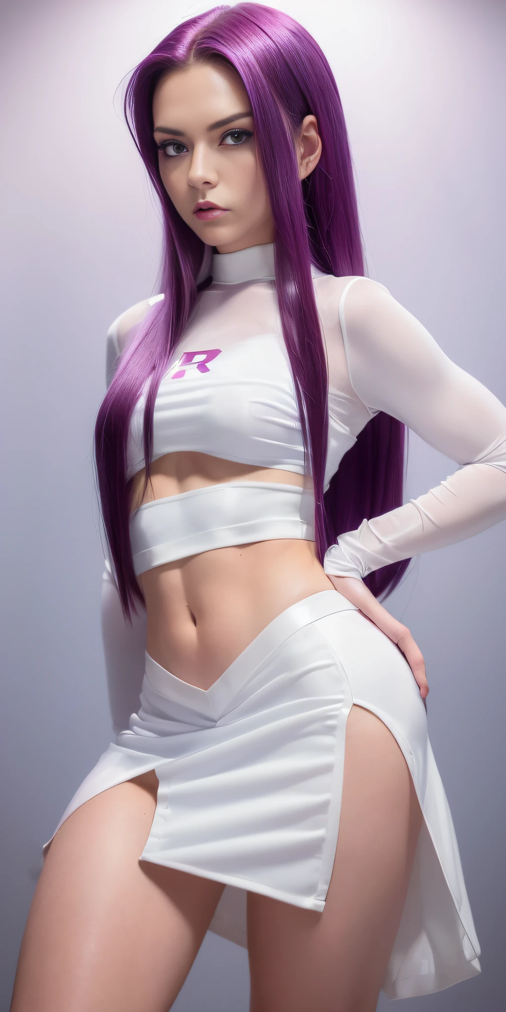 Jessie pokemon, ((seductive expression)), slicked back hair, Long hair, purple hair, blue eyes, Team Rocket, ((7000% transparent silk Team Rocket Uniform)), ((((10% white miniskirt, 5% Crop Top)))), thighs high,elbow gloves, NSFW, ((60% nude))