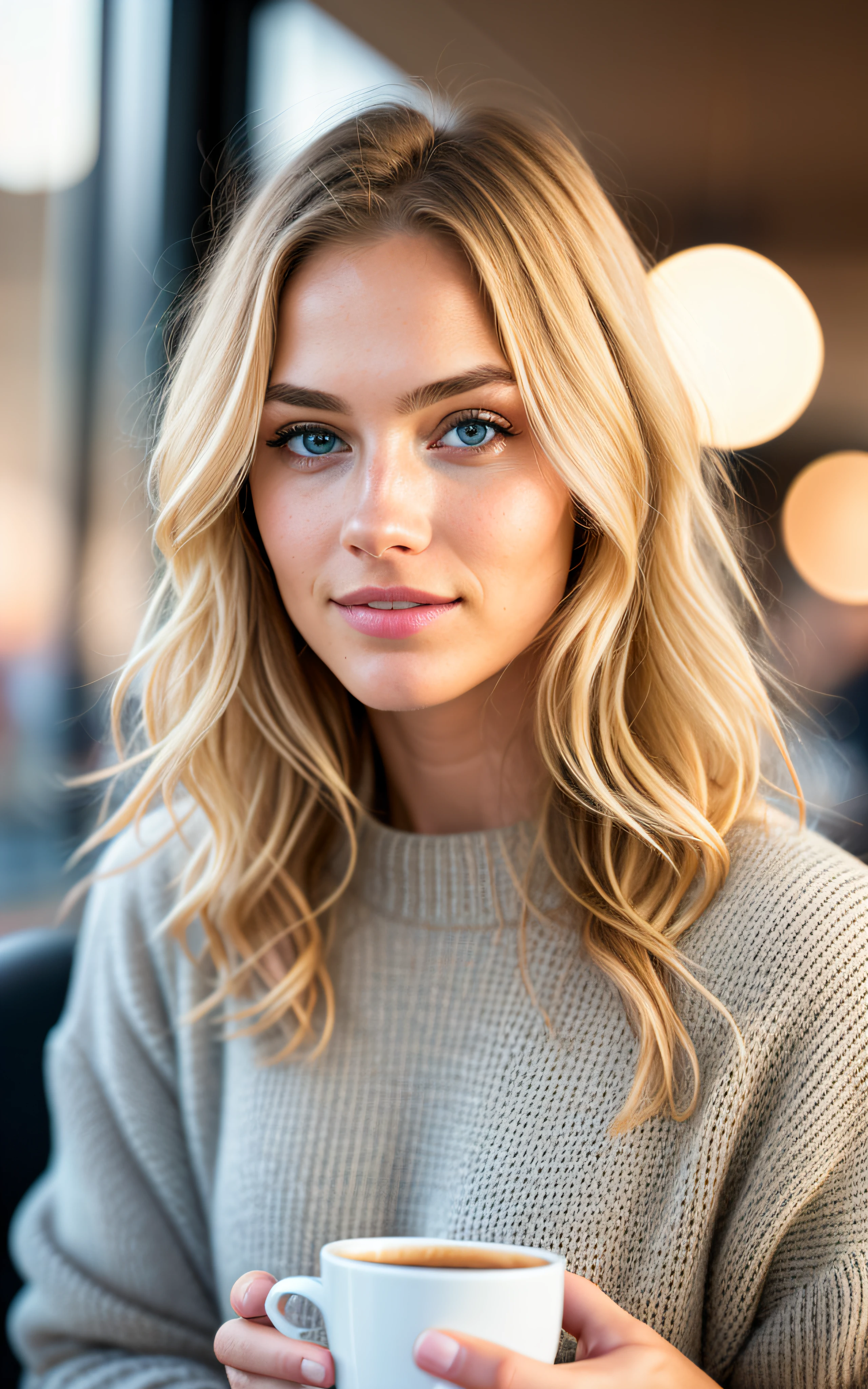 beautiful blonde wearing beige sweater (sipping coffee inside a modern café at sunset), very detailed, 21 years old, innocent face, natural wavy hair, blue eyes, high resolution, masterpiece, best quality, intricate details, highly detailed, sharp focus, detailed skin, realistic skin texture, texture, detailed eyes, professional, 4k, charming smile, shot on Canon, 85mm, shallow depth of field, kodak vision color, perfect fit body, extremely detailed, foto_\(ultra\), photorealistic, realistic, post-processing, maximum detail, roughness, real life, ultra realistic, photorealism, photography, 8k uhd, photography