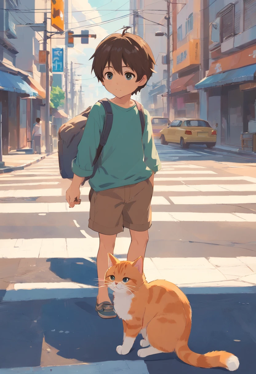 cats,A boy feeds a cat,Street intersection,The boy holds the can,Lateral face/See the back