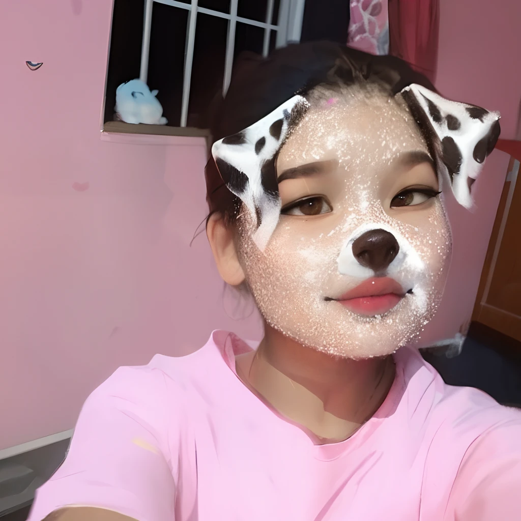 there is a girl with a dog face paint on her face, real ungine, dang my linh, with accurate face, 1 8 yo, nivanh chanthara, 18 years old, 1 6 years old, face picture, 19-year-old girl, tumblr, very beautiful cute catgirl, pink face, ruan cute vtuber