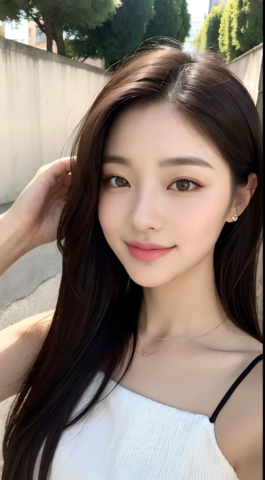 (Best quality, 8K, masterpiece:1.3)) , (one person: 1.4), 1girl, a Korean woman, a goddess, 25 years old, portrait photography, high contrast, God perspective, aperture F1.2, focal length 24mm, ( Full body: 1.2), smile, pose for photos, fine lace, slip dress, croptop dress, simple cut, long black hair, super detailed skin details, detailed fabric texture, high detailed rooftop background, big breasts