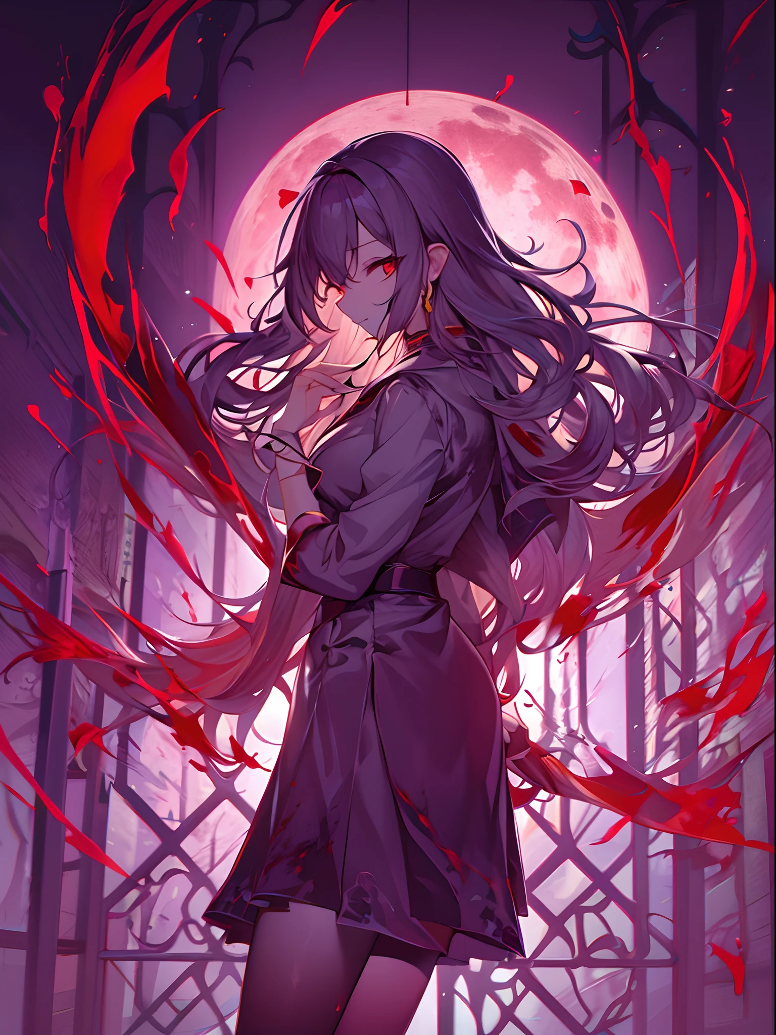 A Vampire girl, full body, dynamic poses, blood splatters, detailed art, full red moon, horror night, cinematic light, best Visuals quality, masterpiece collection, 24K UHD resolution, background blurred