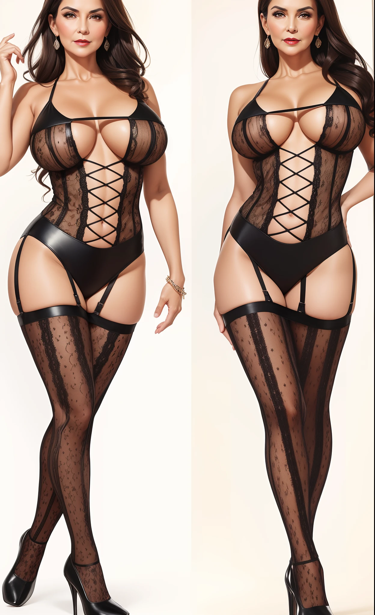 Portrait of a 60-year-old woman with short brown hair, a captivating gaze, Brown eyes, Wrinkles on her face, She wears a very sexy black evening dress that reveals big flabby breasts, Light makeup and red lips. 32K