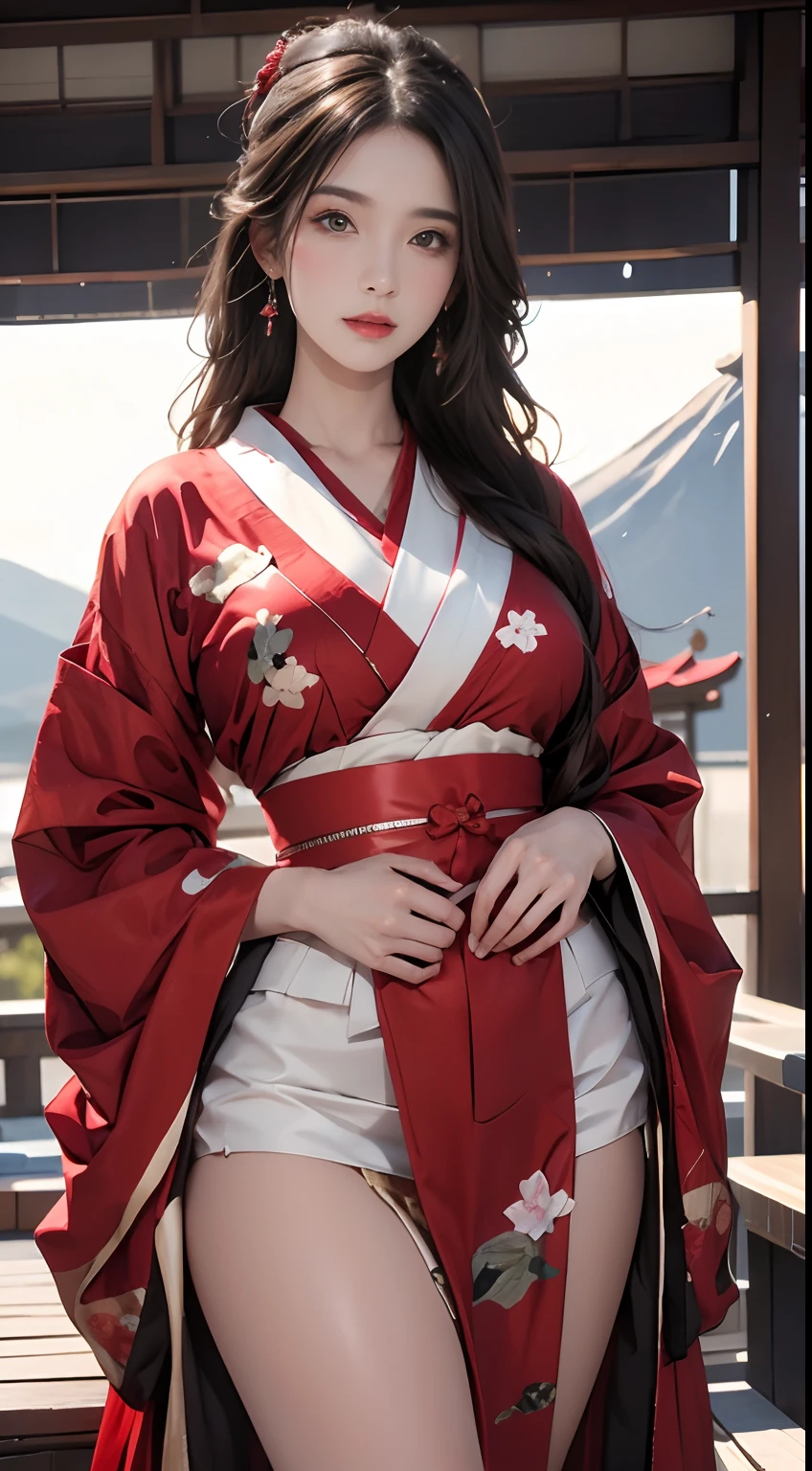 Mt fuji、wearing red kimono、best qualtiy:1.4, Photorealista:1.4, Skin Texture:1.4, masterpiece:1.8, 1 Women, hips up high, beautidful eyes,