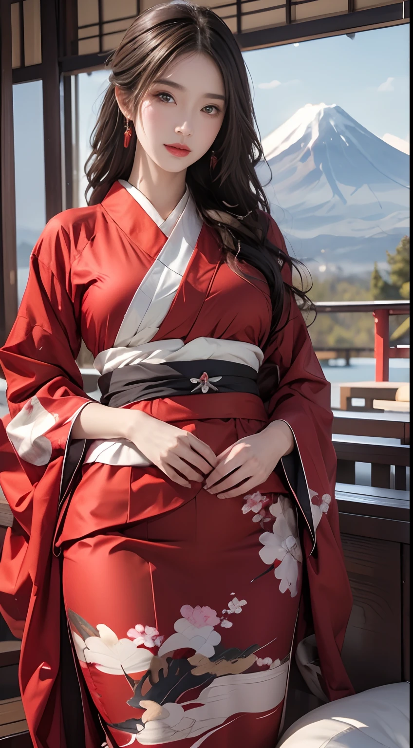 Mt fuji、wearing red kimono、best qualtiy:1.4, Photorealista:1.4, Skin Texture:1.4, masterpiece:1.8, 1 Women, hips up high, beautidful eyes,