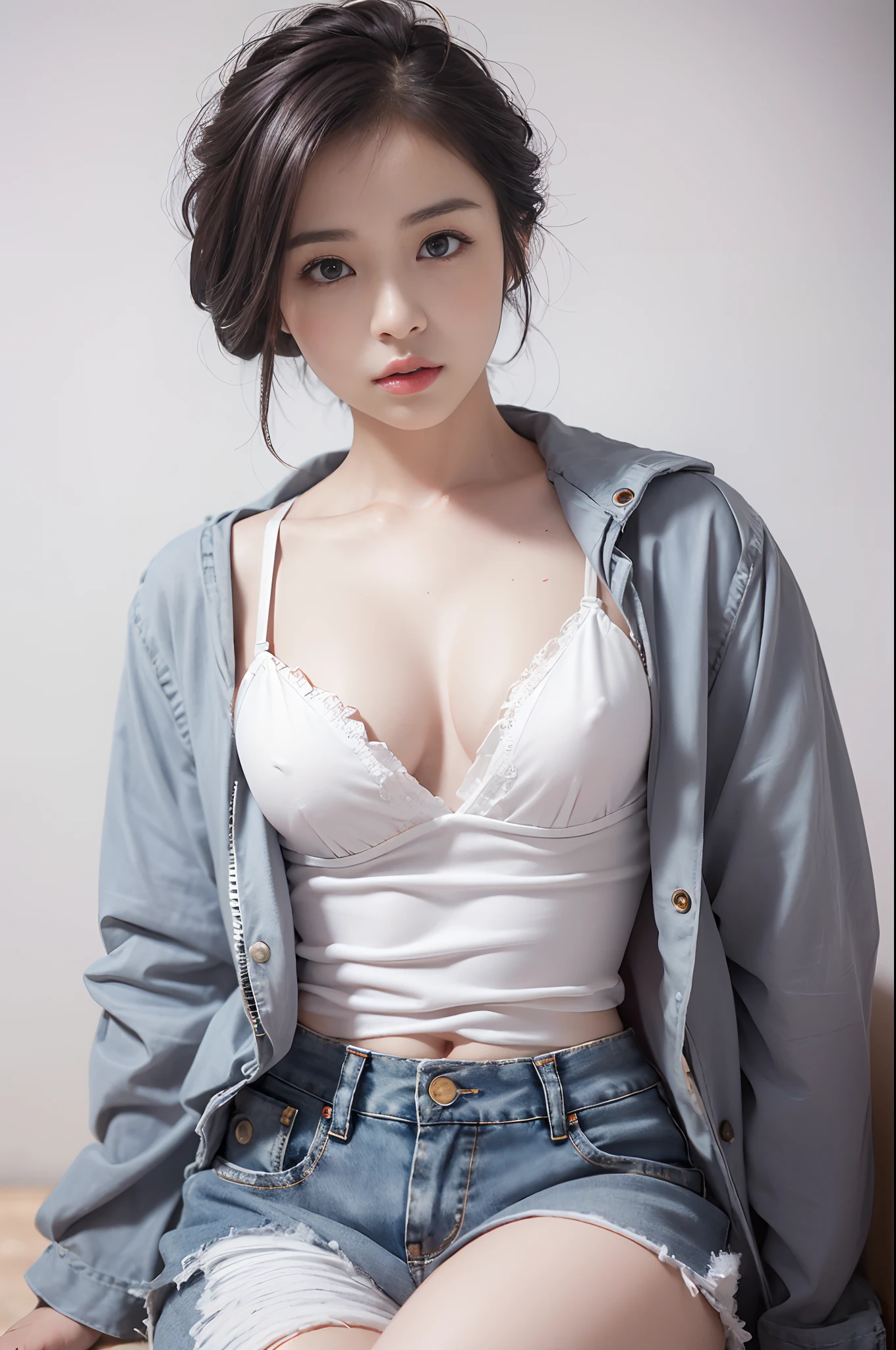 (Masterpiece, Superb work,4K 分辨率, Ultra-realistic:1.3),Girl posing for photo in white bra and tight denim skirt，A half body，tee shirt，brassier，Slim body，Smaller bust，Slim girl model，24 years old female model，beachside，Soft light，Detailed background, White crystal, Crystal clusters，