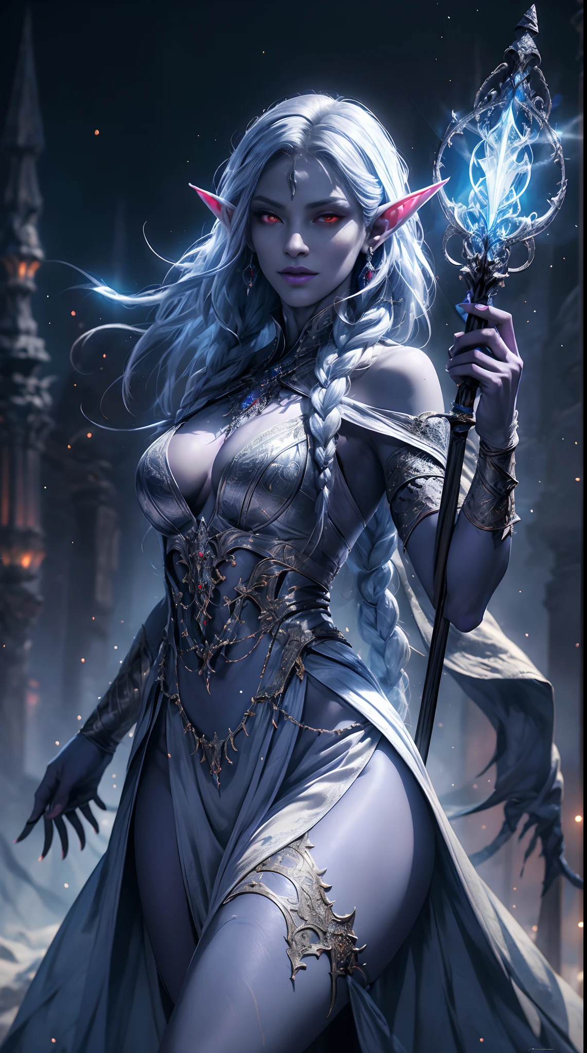 1girl, sexy drow, purple-blue skin, pale silver long elaborate braids, ((red eyes)), jewels, elf ears, earrings, ((white sorceress sexy dress)), ((wields staff)), ((cast light magic)), on a roof of scyscraper, athletic, volumetric lighting, best quality, masterpiece, realistic, anatomically correct, (strong cinematic lighting), stunning details, intricate details, 8k post-production, High resolution, super details, trending on ArtStation, sharp focus, depth of field f/1.8, studio photos, (((looking at camera)))