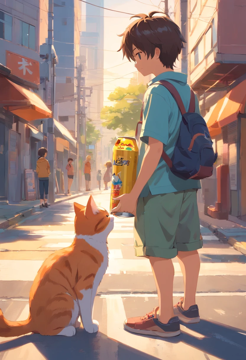 cats,A boy feeds a cat,Street intersection,The boy holds a can in his hand,The boy's back can be seen from the side