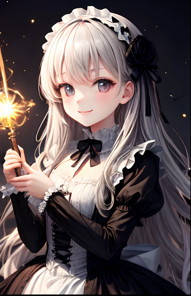 girl with、sorcerer、the witch、No background、without background、Background through、Gothic ta、Dresses with ruffles、Holding a wand、Smiling、A black、kawaii