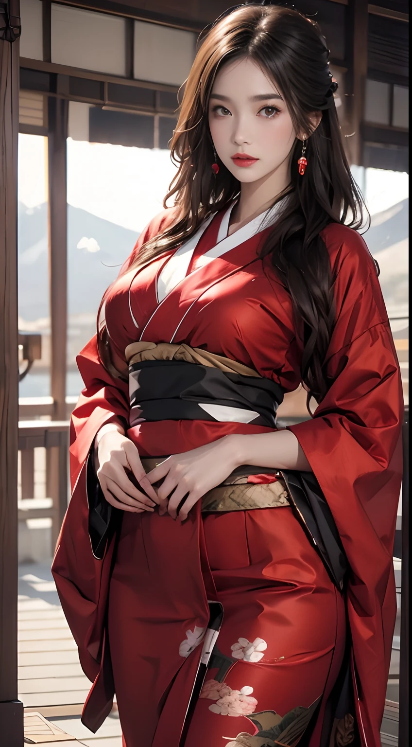 Mt fuji、wearing red kimono、best qualtiy:1.4, Photorealista:1.4, Skin Texture:1.4, masterpiece:1.8, 1 Women, hips up high, beautidful eyes,