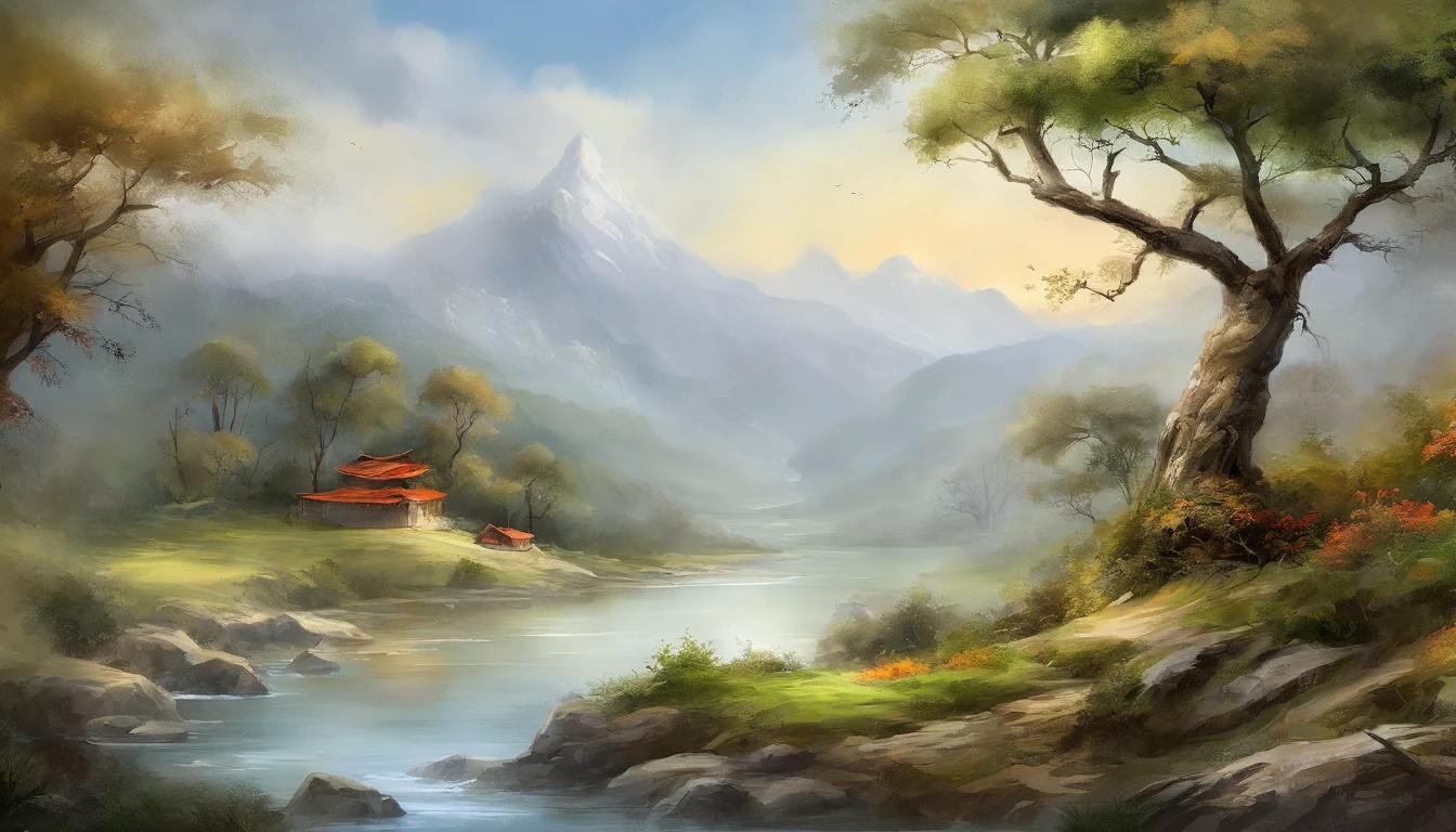 ink wash style,winter day、jungles、lakes、hole in the mountains、The tree、grassy fields、Rochas、hot onsen、hydrosphere、(illustratio:1.0)、Epic composition、Realistic lighting、high definition detail、tmasterpiece、Best quality,(非常详细的 CG 统一 8k 壁纸)