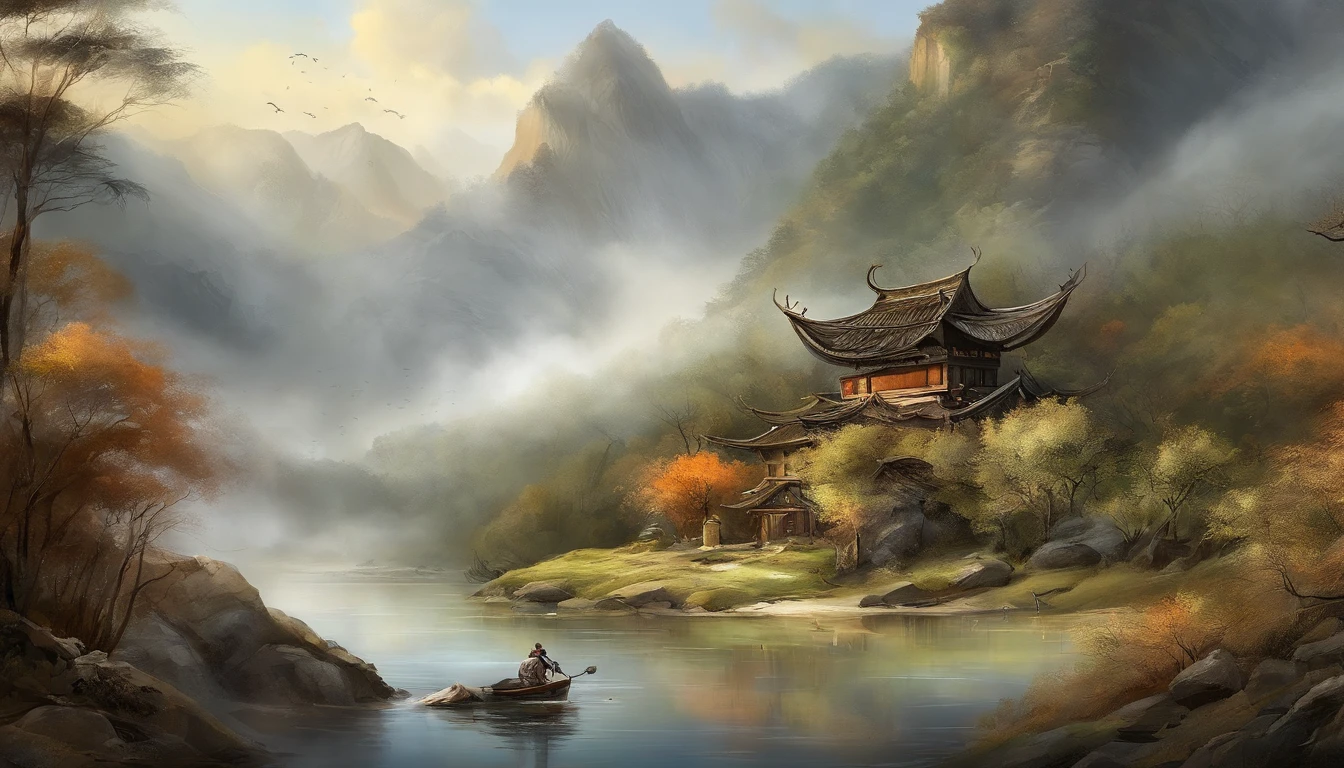 ink wash style，winter day、jungles、lakes、hole in the mountains、The tree、grassy fields、Rochas、hot onsen、hydrosphere、（illustratio：1.0）、Epic composition、Realistic lighting、high definition detail、tmasterpiece、Best quality，（非常详细的 CG 统一 8k 壁纸）
