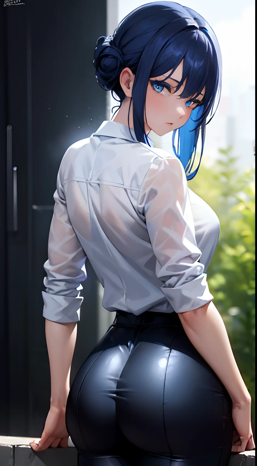 ((masterpiece)),(best quality),(detailed),(1girl), blue hair, blue glowing eyes, Updo, white shirt, black pant, looking down on the viewer, waist shot, butt to camera