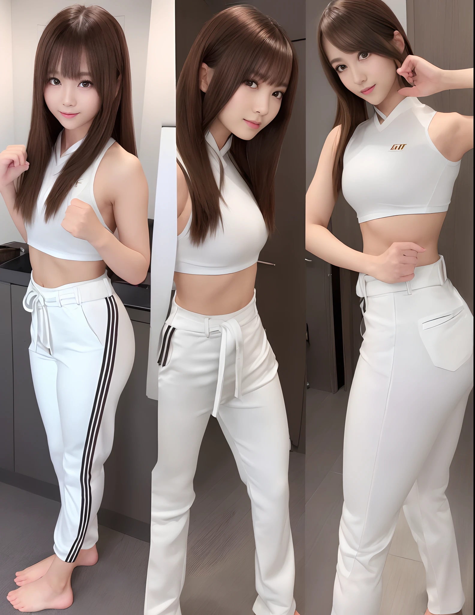 (Photorealsitic)(sixteen years old), Perfectly beautiful woman, (Full body 8K portrait), Stand alone, Stick out your fist, Large and dynamic hand and foot movements, Correct skeleton, White Karate Uniform, White karate pants, Large bust, Perfect facial detail, (Smile: 1.15), attractive beautiful face, gazing at viewer, a small face, 二重まぶた, Beautiful detailed eyes, long eyeslashes, ligh brown hair, Hairstyle is bob style, Toned waist, Beautiful thin legs, toned ankles, bare-legged ,TOKYOcty